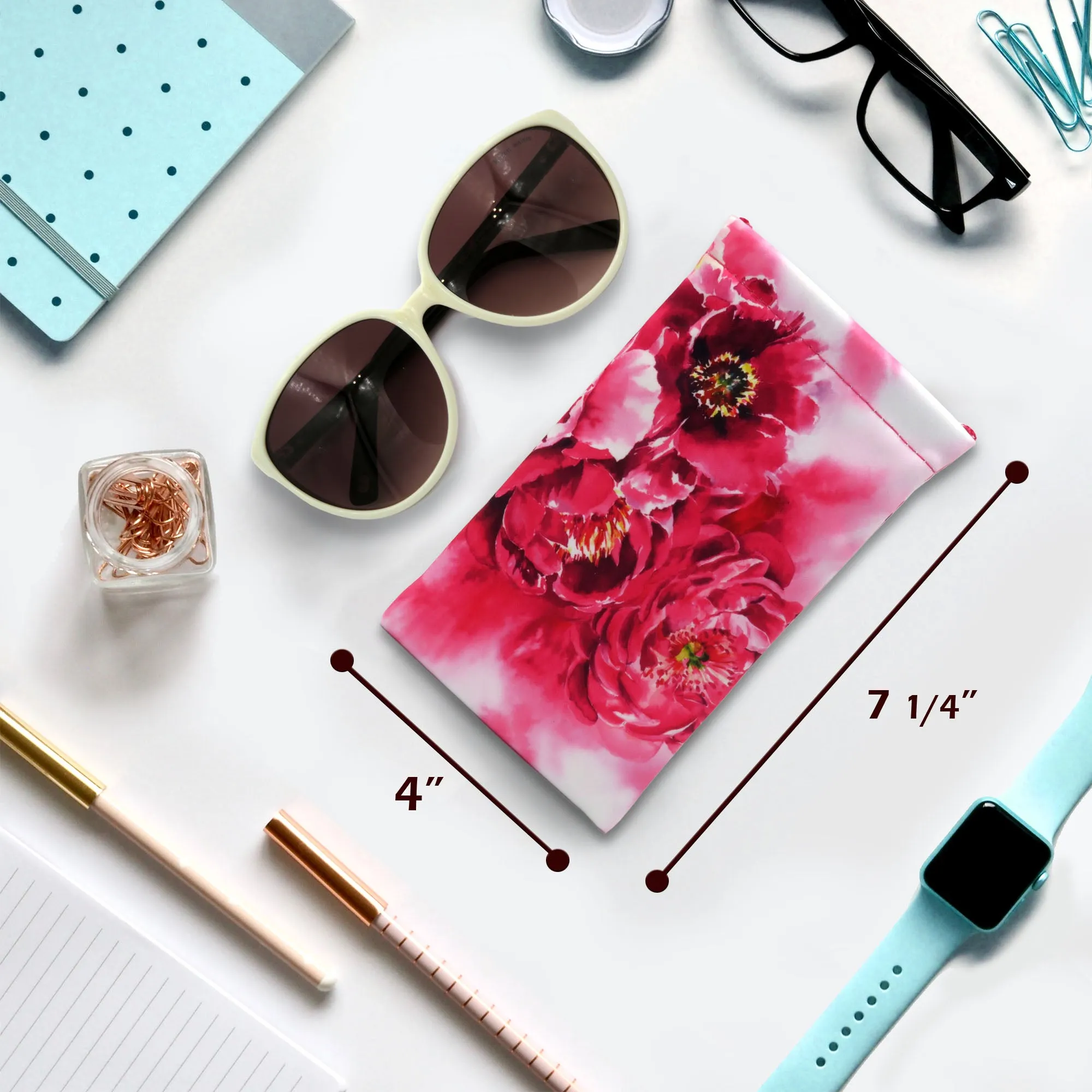 Women Soft Sunglasses case - Eyeglass Pouch, Squeeze Top XL Glasses Case with Cloth, Passport Holder - Smart Phone Case (CT8 Peonies)