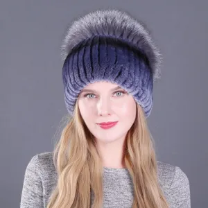 Women's autumn and winter Rex rabbit fur warm flower hat thickened ear protection elastic hat