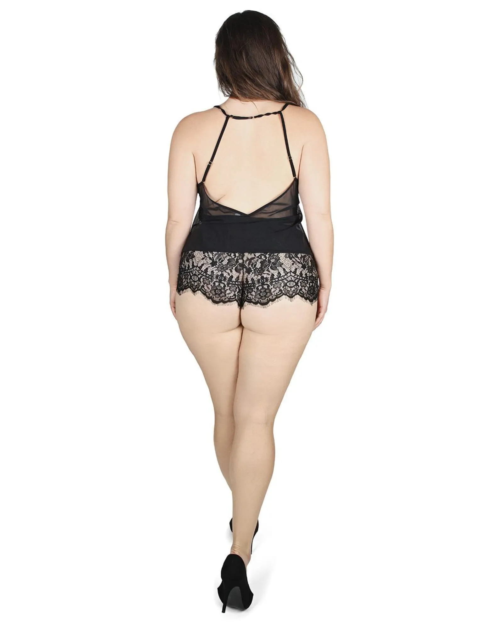 Women's Avril Lace Trim Backless Boyshort Romper | Black