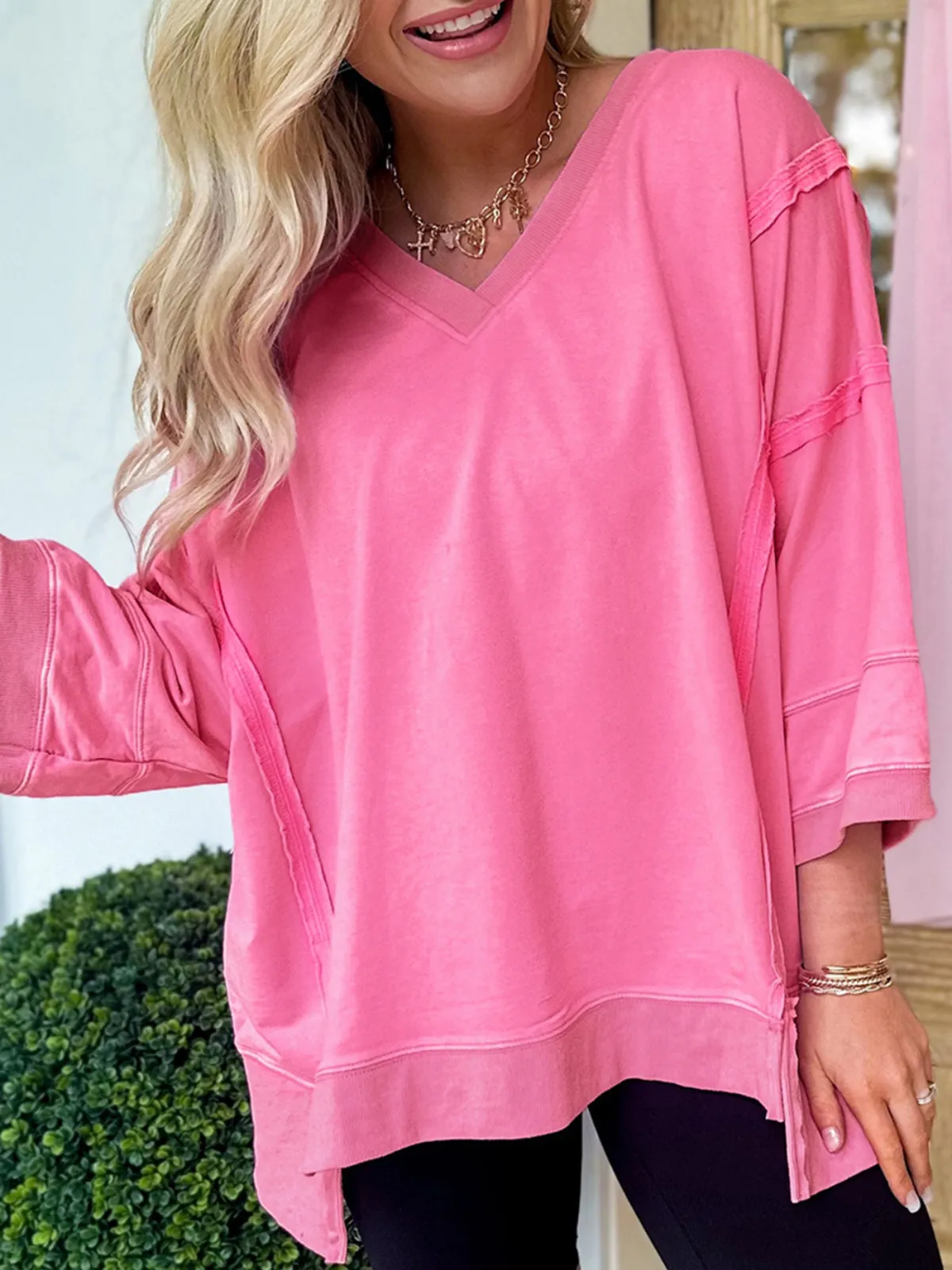 Womens Bonbon Bracelet Sleeve Mineral Washed V-Neck T-Shirt