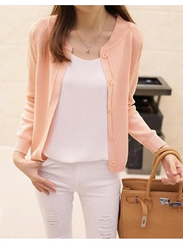 Women's Cardigan Knitted Button Pure Color Stylish Basic Casual Long Sleeve Regular Fit Sweater Cardigans Open Front Fall Spring Light Blue Creamy-white Green / Holiday / Going out