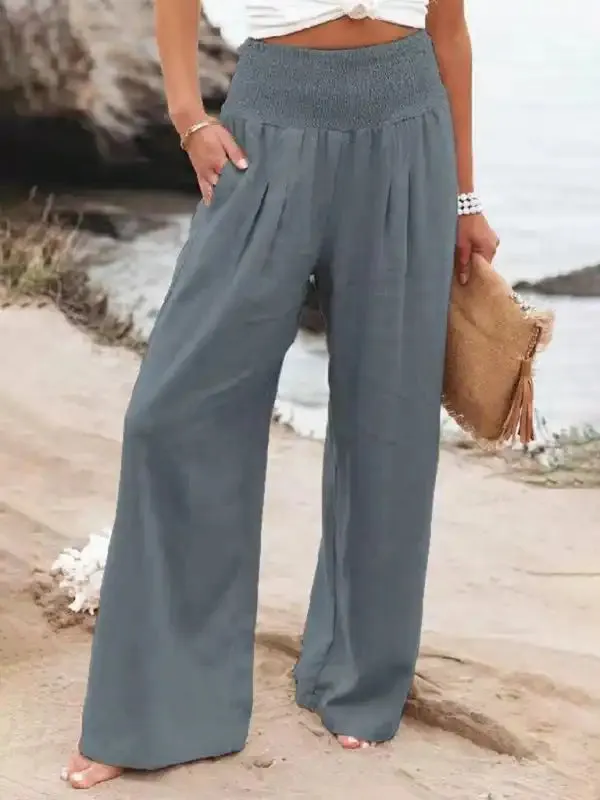 Women’s casual wide-leg slub cotton loose trousers