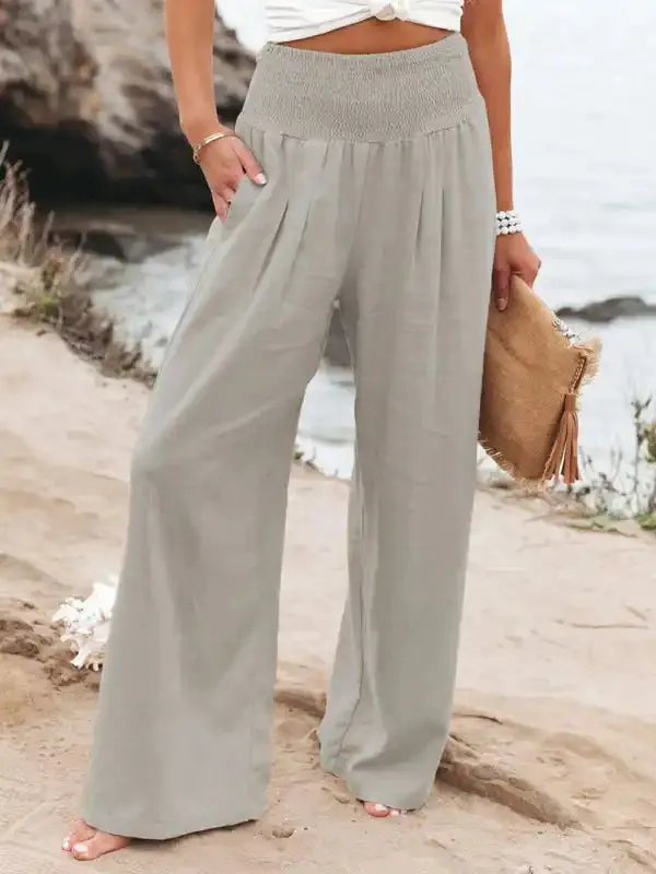 Women’s casual wide-leg slub cotton loose trousers