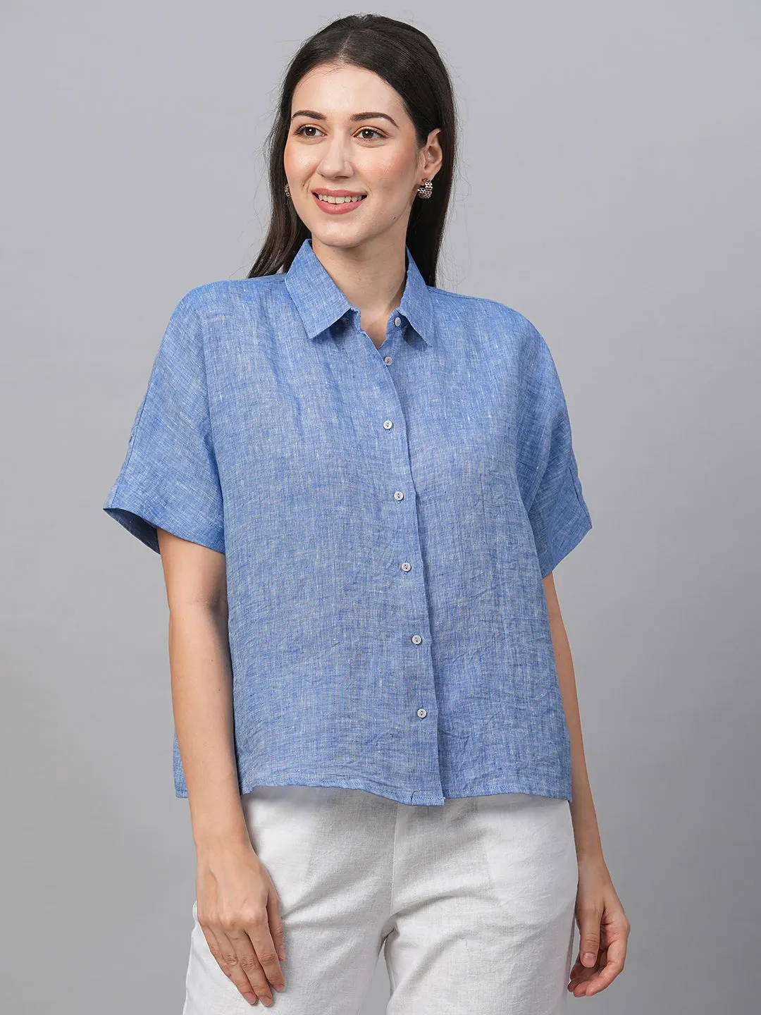 Women's Chambray Blue Linen Boxy Fit Blouse