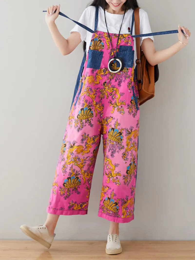 Women's Comfortable Printed Front and Back Pockets Dungarees