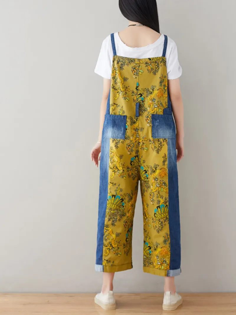Women's Comfortable Printed Front and Back Pockets Dungarees