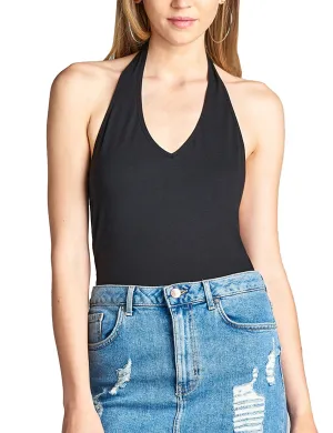 Womens Deep Plunge Halter Neck Sleeveless Jersey Bodysuit