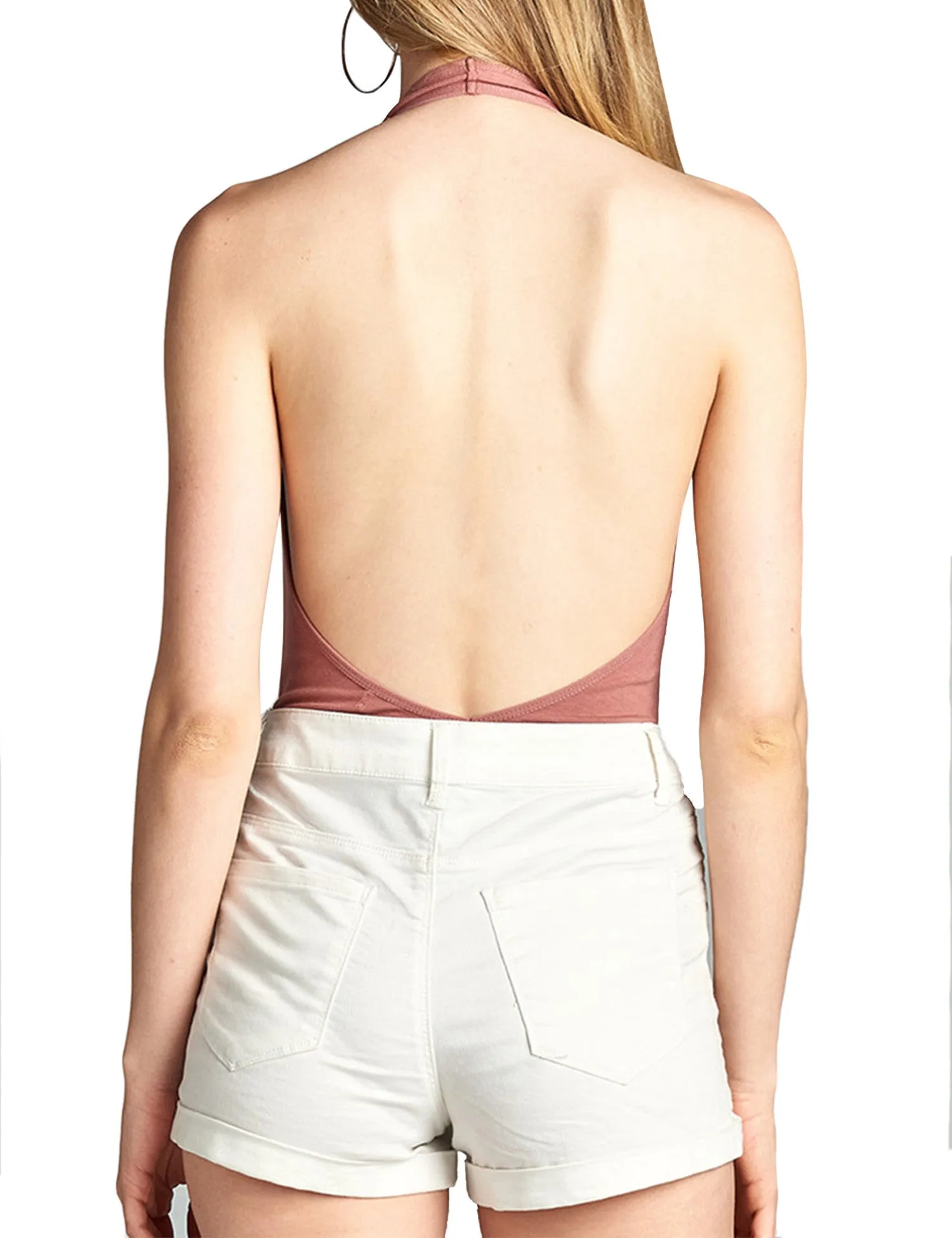 Womens Deep Plunge Halter Neck Sleeveless Jersey Bodysuit