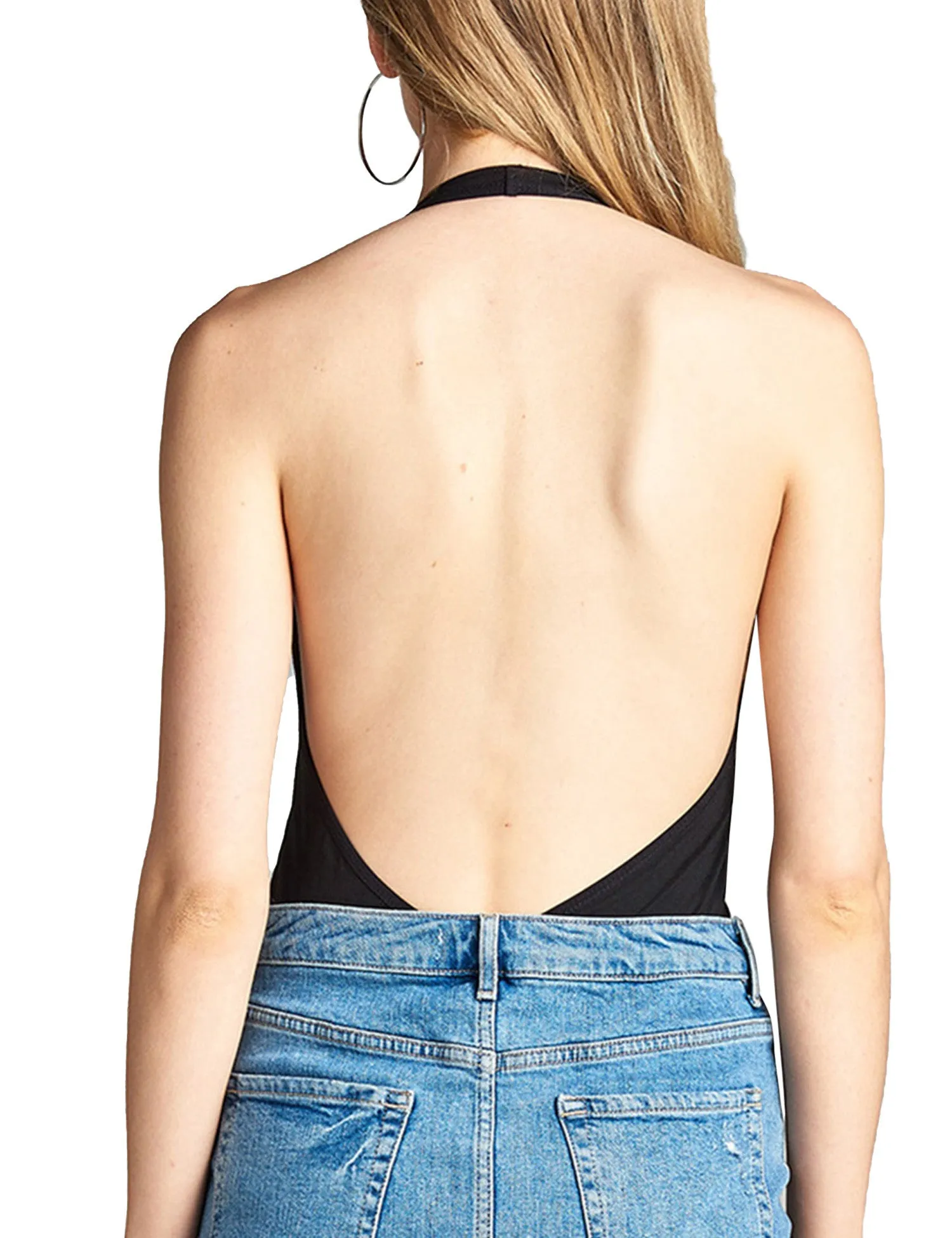 Womens Deep Plunge Halter Neck Sleeveless Jersey Bodysuit