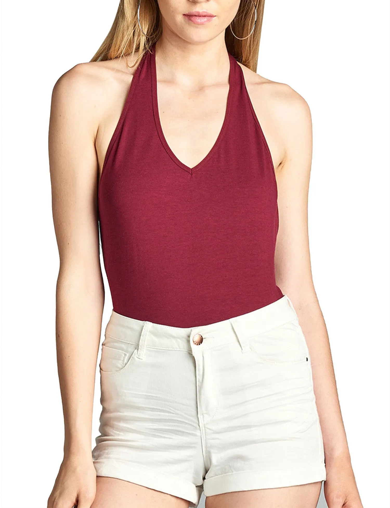 Womens Deep Plunge Halter Neck Sleeveless Jersey Bodysuit