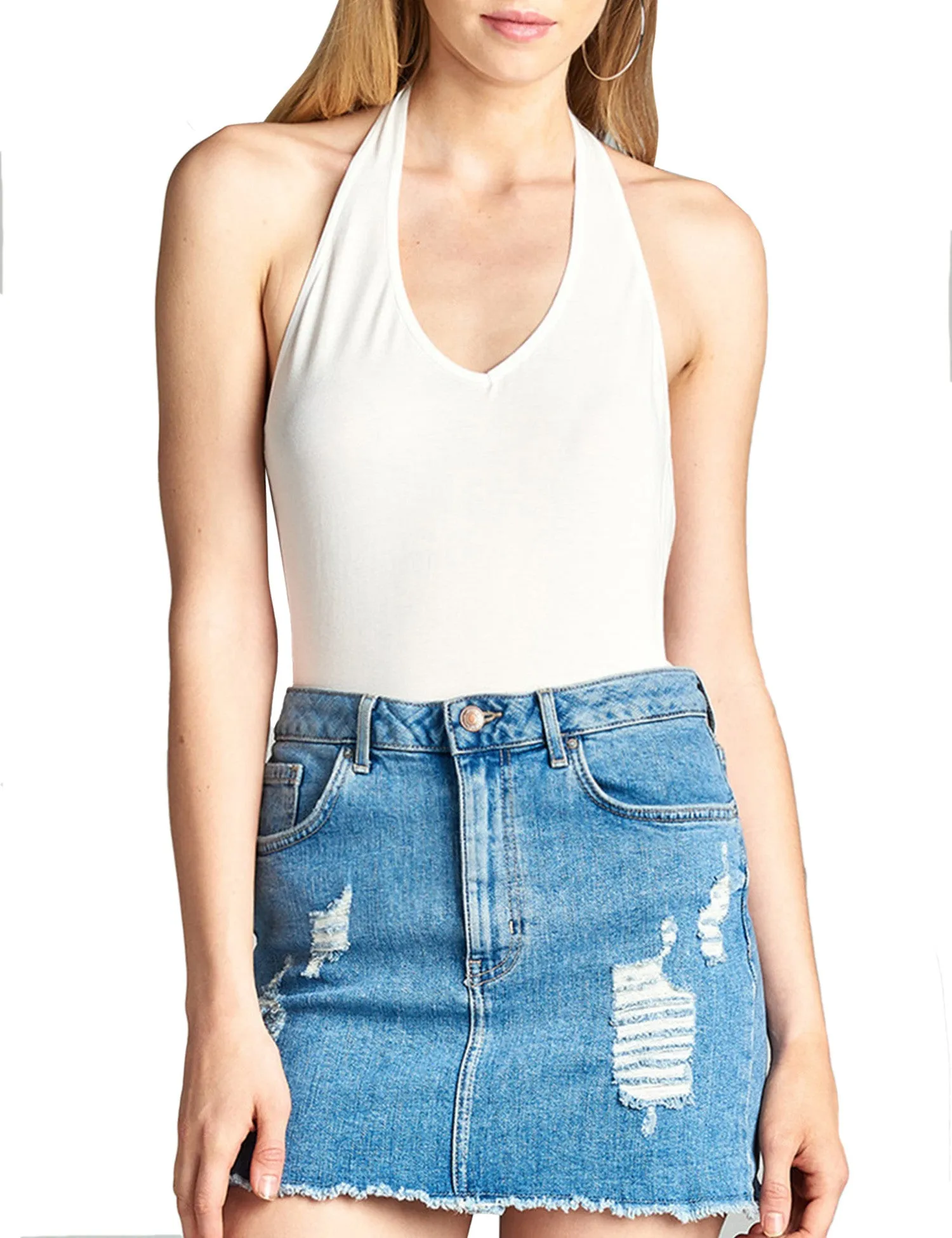 Womens Deep Plunge Halter Neck Sleeveless Jersey Bodysuit