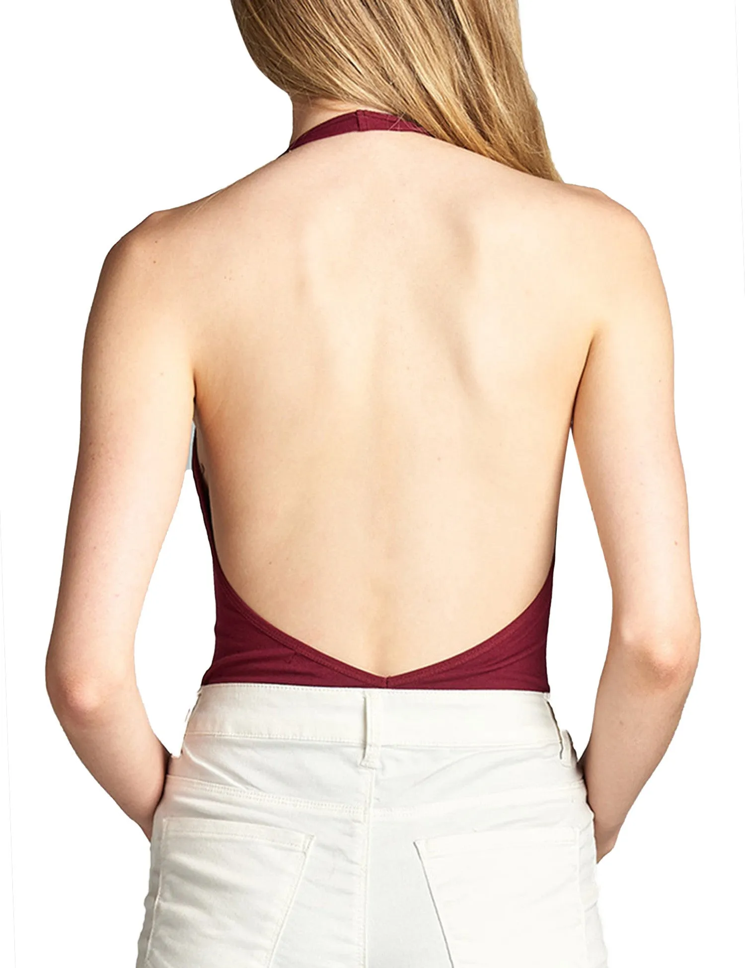 Womens Deep Plunge Halter Neck Sleeveless Jersey Bodysuit