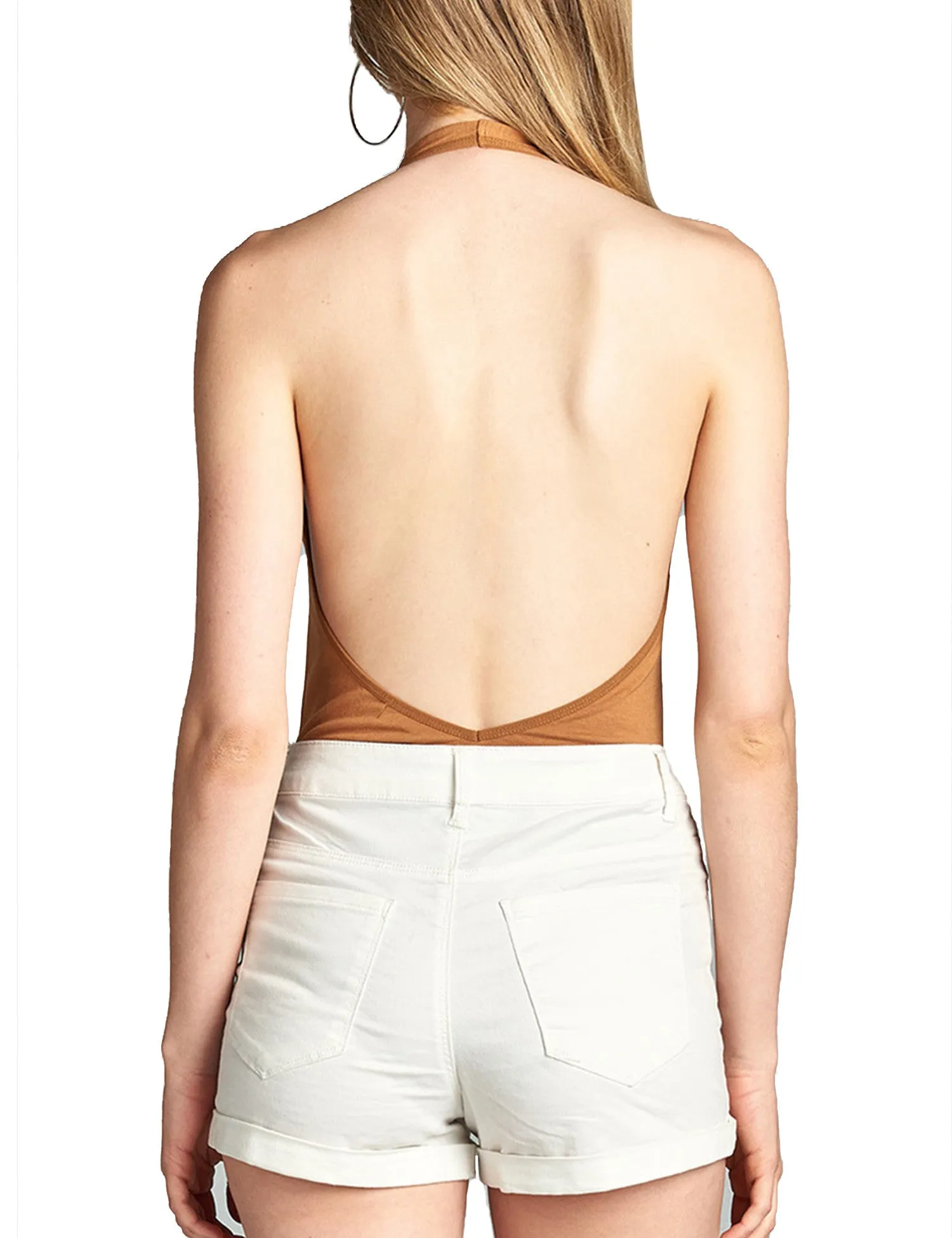 Womens Deep Plunge Halter Neck Sleeveless Jersey Bodysuit
