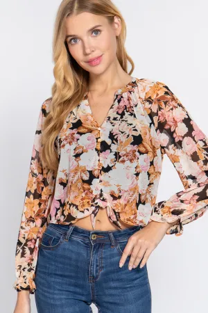 Women's Front Tie Detail Print Woven Blouse