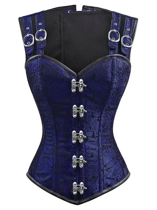 Women's Gothic Steampunk Steel Boned Waist Cincher Blue Overbust Corset Vest