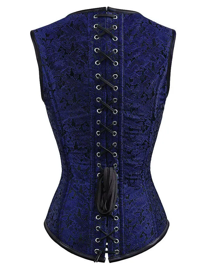 Women's Gothic Steampunk Steel Boned Waist Cincher Blue Overbust Corset Vest