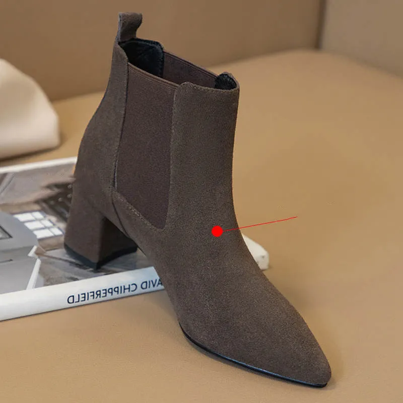 Women's Leather Thick Mid-heel Short Boots
