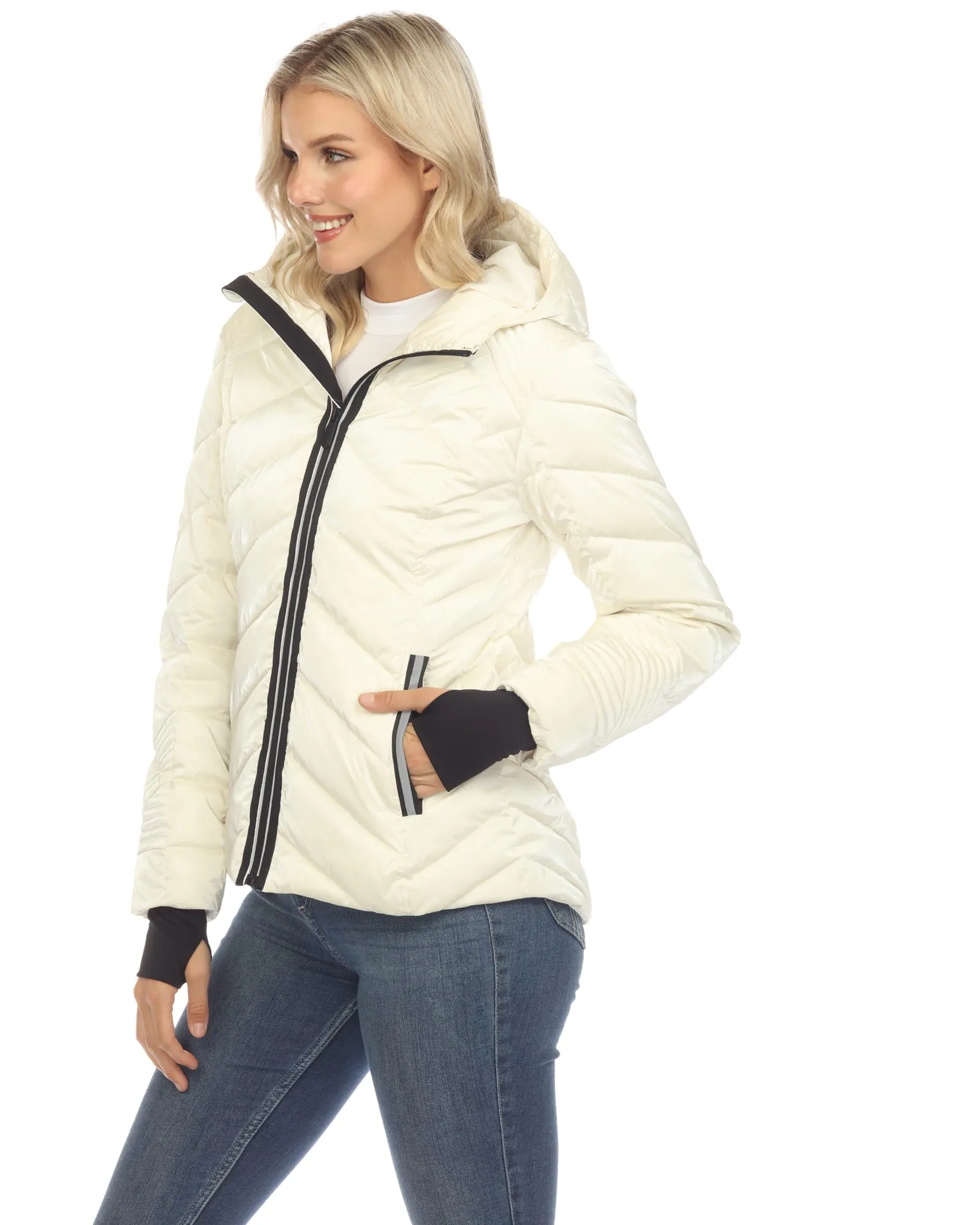 Women's Midweight Quilted Contrast With Thumbholes Hooded Jacket | White