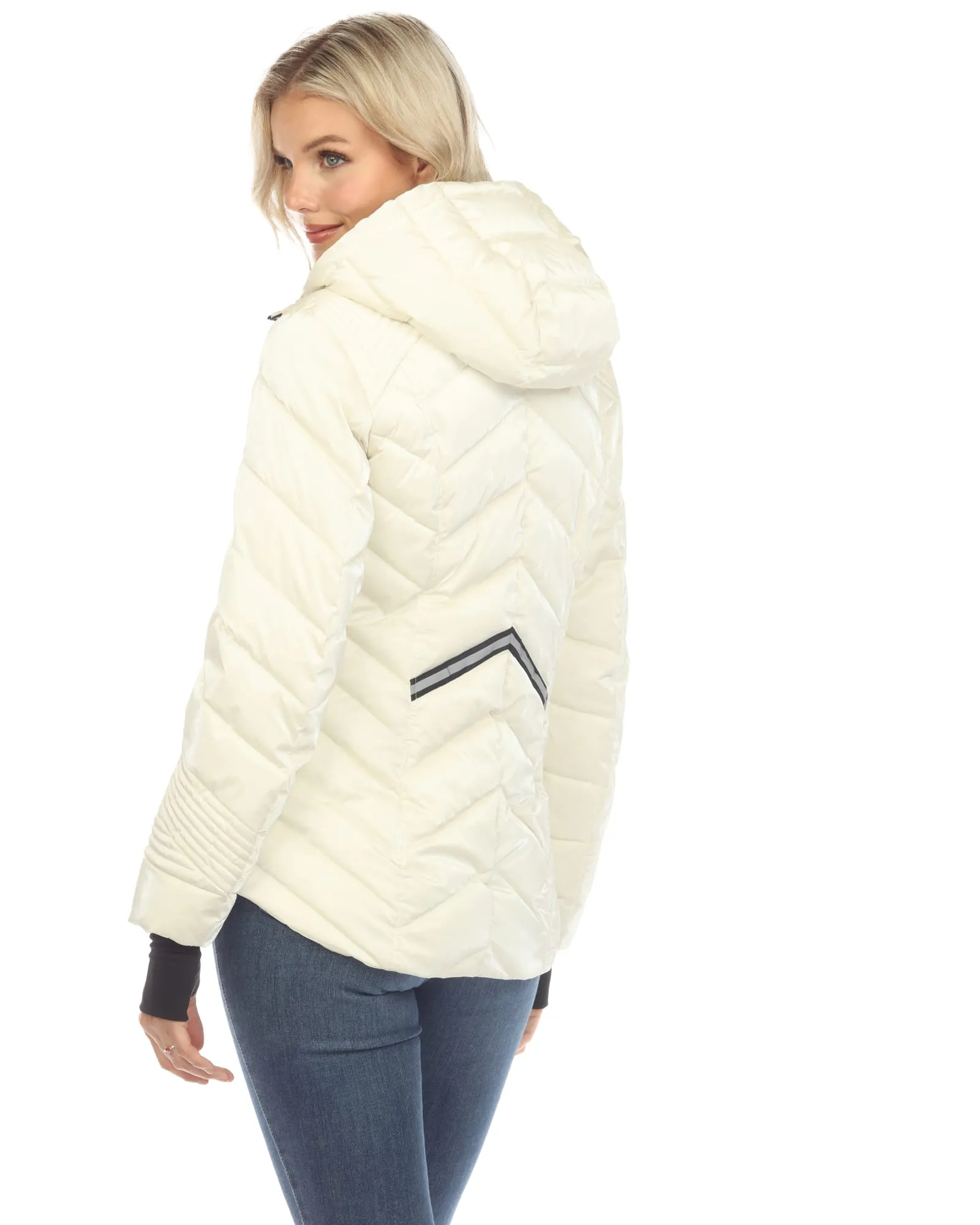 Women's Midweight Quilted Contrast With Thumbholes Hooded Jacket | White