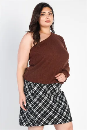 Women's Plus Brown Ribbed Textured One Shoulder Top
