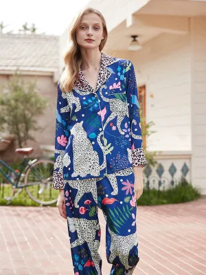 Women's printed long-sleeved shirt and trousers 2-piece suit