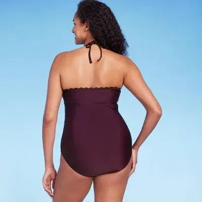 Women's Scallop High Neck Full Coverage One Piece Swimsuit - Kona Sol Atlantic Burgundy XS
