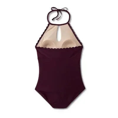 Women's Scallop High Neck Full Coverage One Piece Swimsuit - Kona Sol Atlantic Burgundy XS