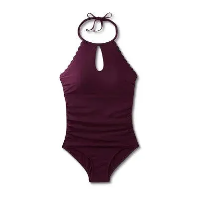 Women's Scallop High Neck Full Coverage One Piece Swimsuit - Kona Sol Atlantic Burgundy XS