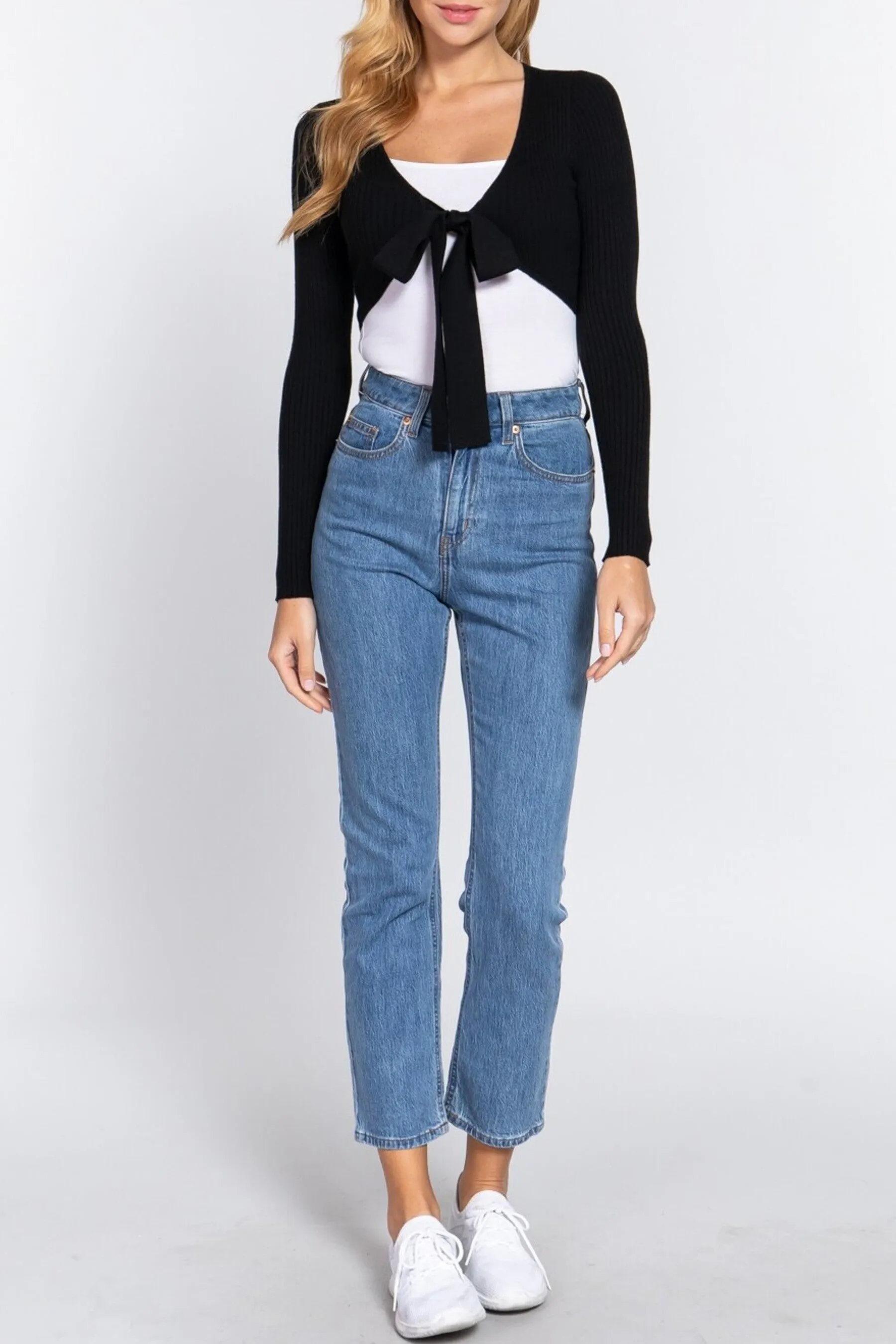 Women's Solid Long Sleeve Bolero Tie Sweater Cardigan