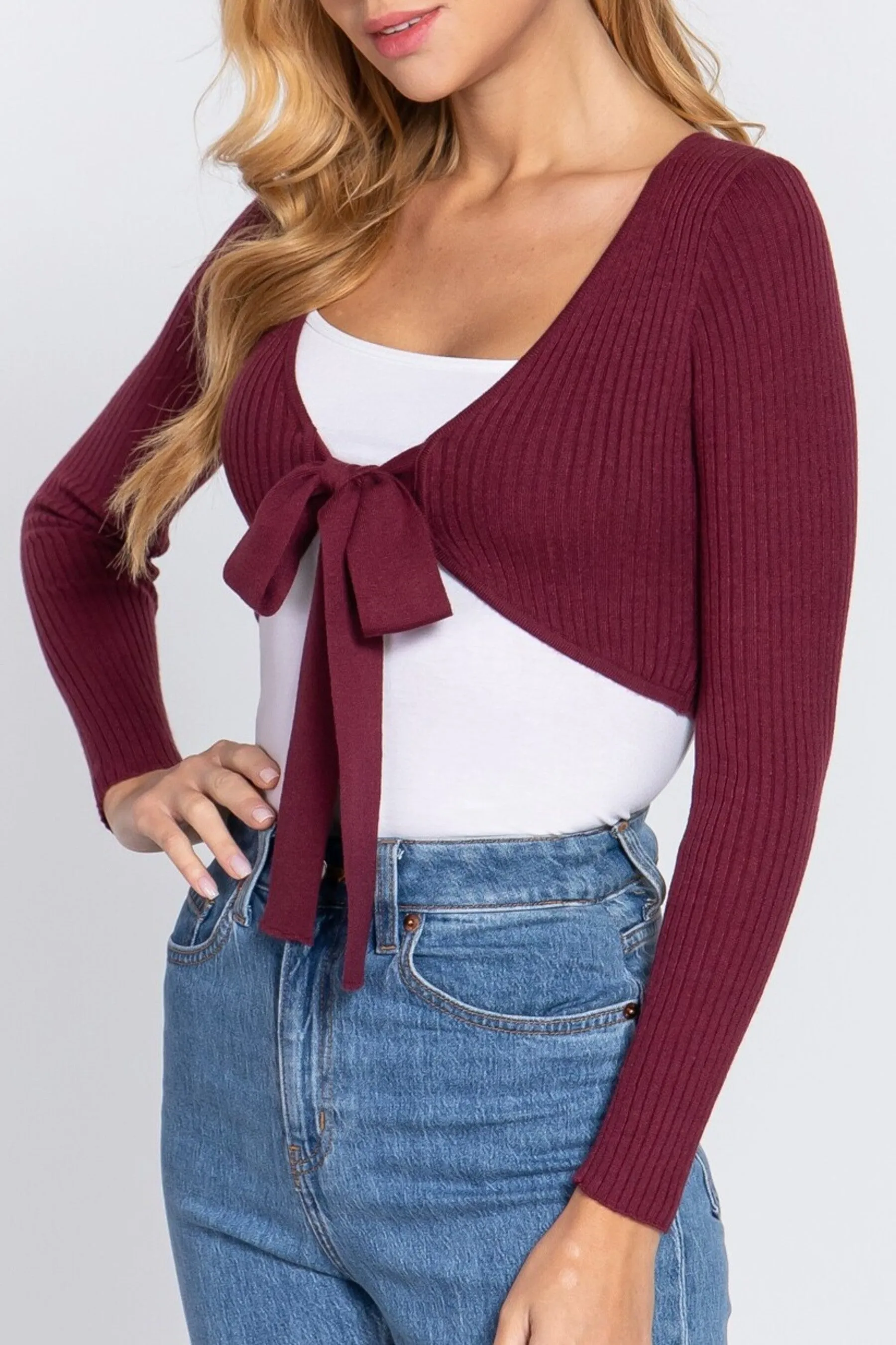 Women's Solid Long Sleeve Bolero Tie Sweater Cardigan