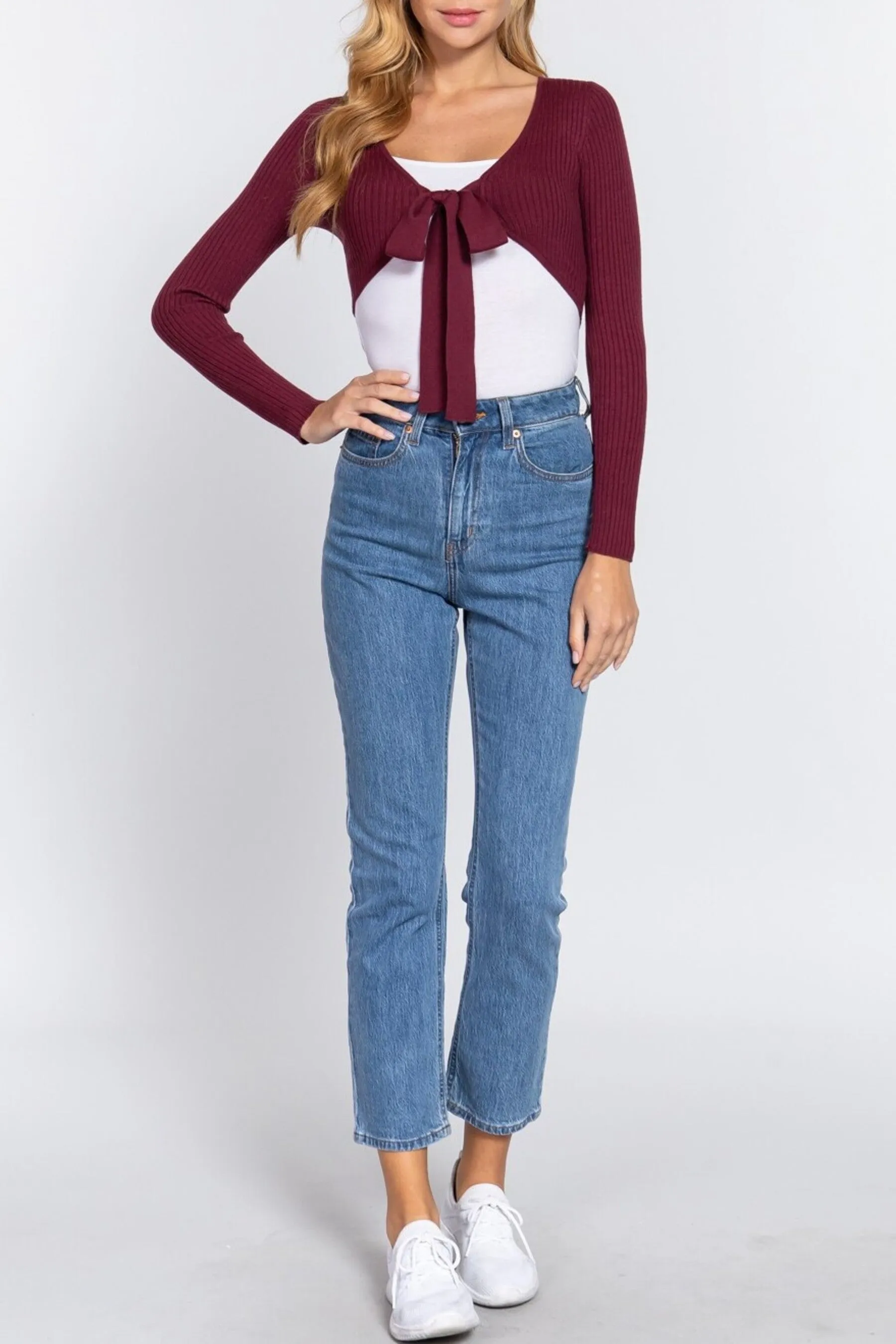 Women's Solid Long Sleeve Bolero Tie Sweater Cardigan