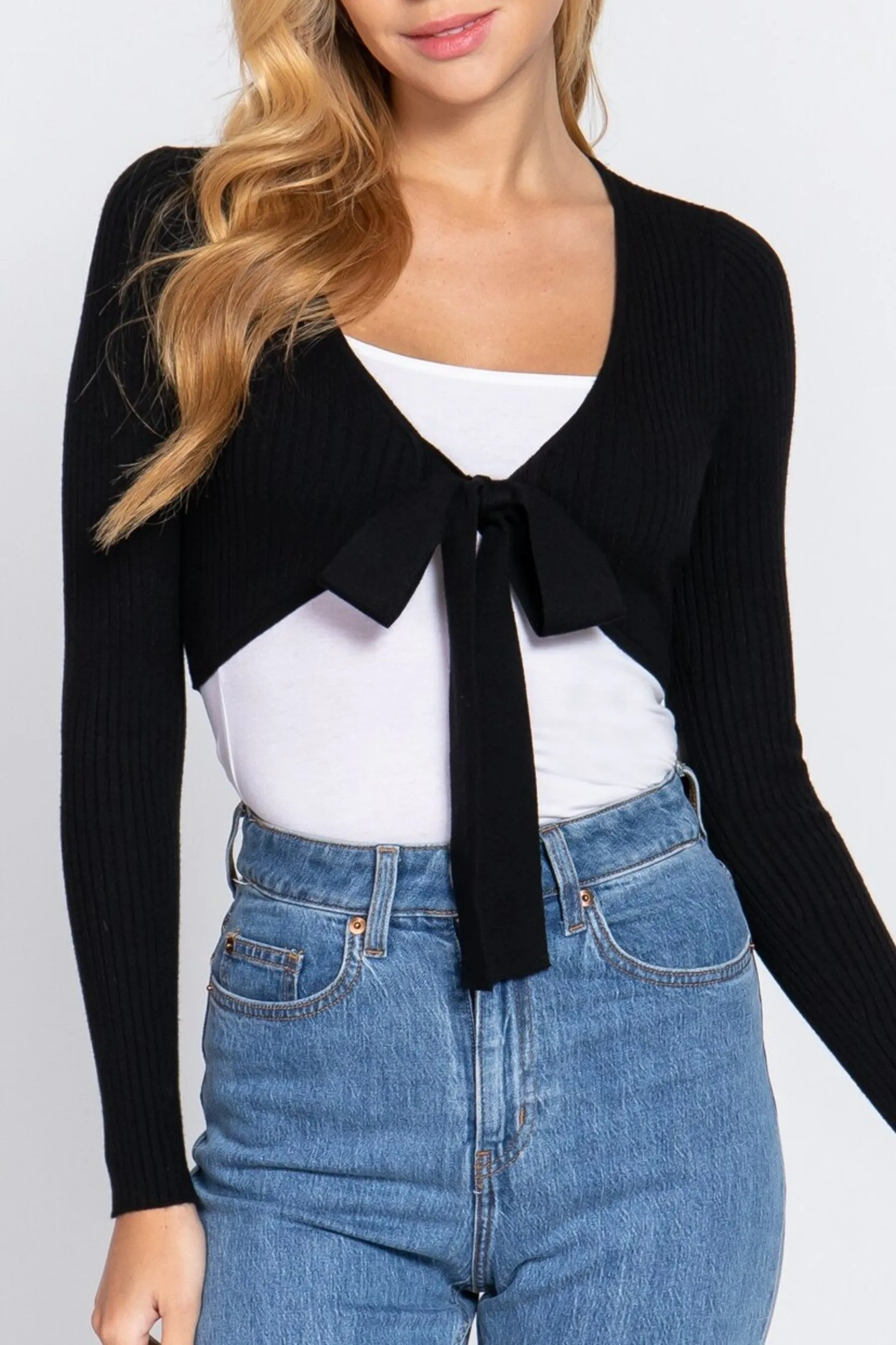 Women's Solid Long Sleeve Bolero Tie Sweater Cardigan