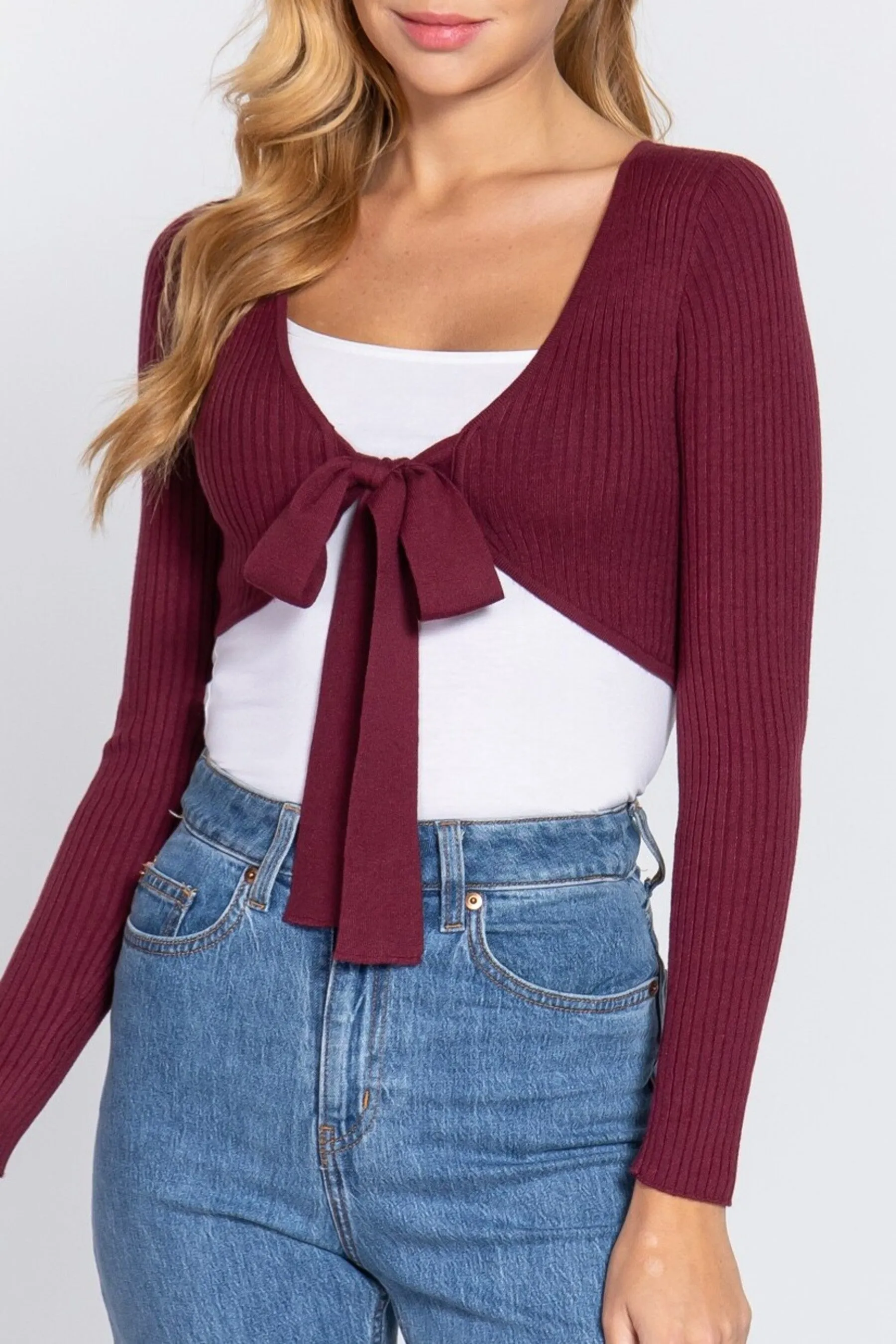 Women's Solid Long Sleeve Bolero Tie Sweater Cardigan