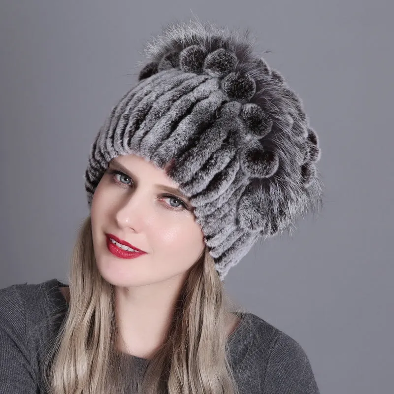 Women's winter warm fashion thickened wool hat Rex rabbit fur hat knitted with side flower hat