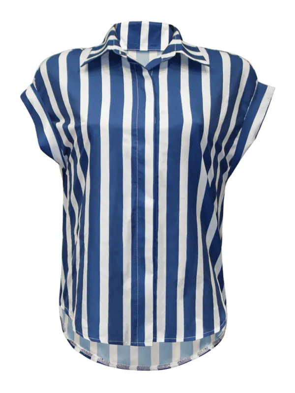 Women's Woven OL Casual Style Striped Button Down Lapel Short Sleeve Shirt