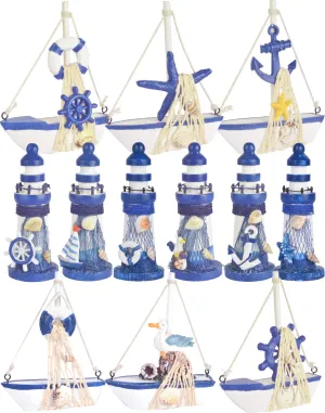 Wooden Lighthouse and Mini Sailboat Model Decoration, Set of 12 Different Design Wooden