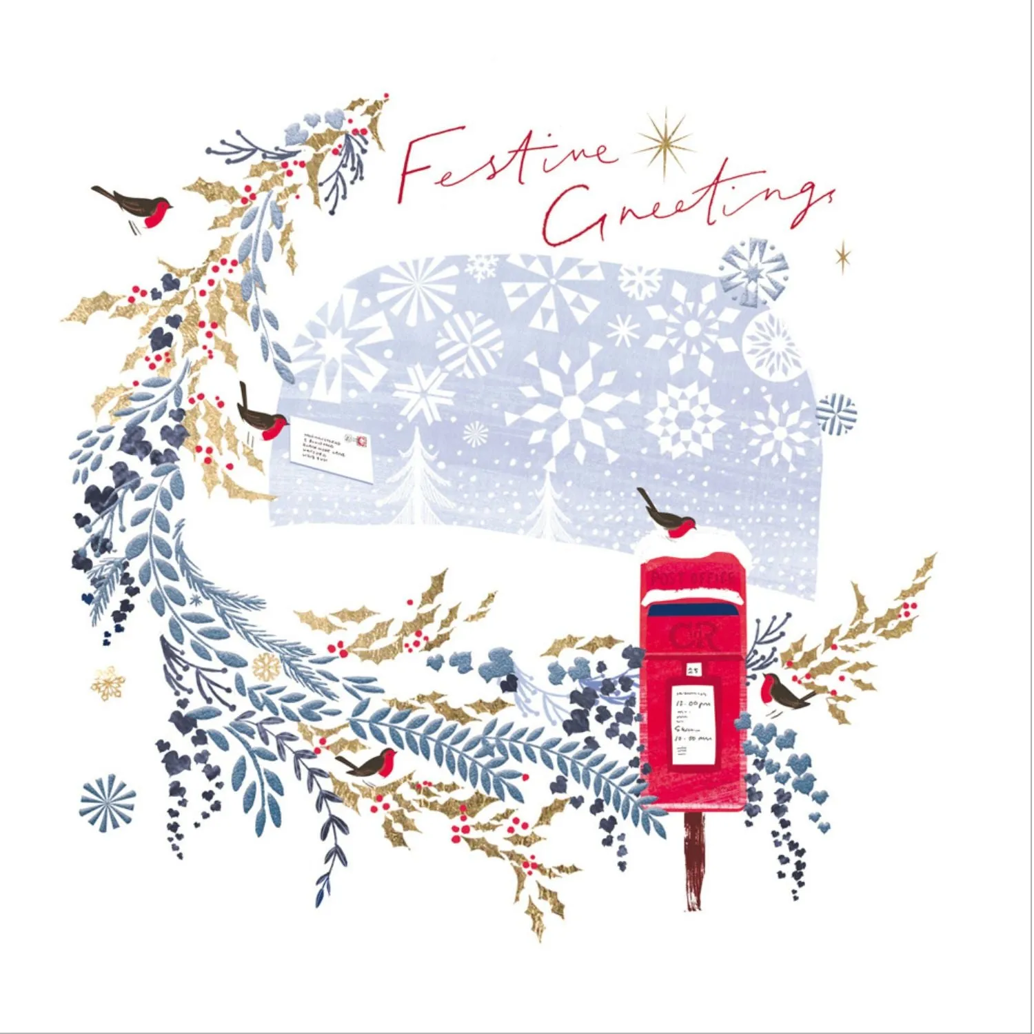 Woodmansterne Festive Greeting Robins on a Postbox Christmas Card - 608438