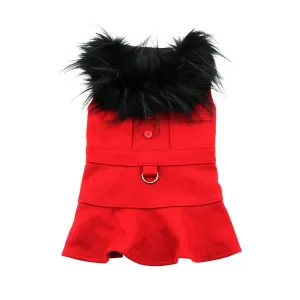Wool Fur Trimmed Dog Harness Coat Red