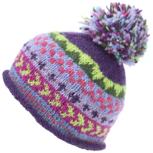 Wool Knit Beanie Bobble Hat - Chevron - Purple