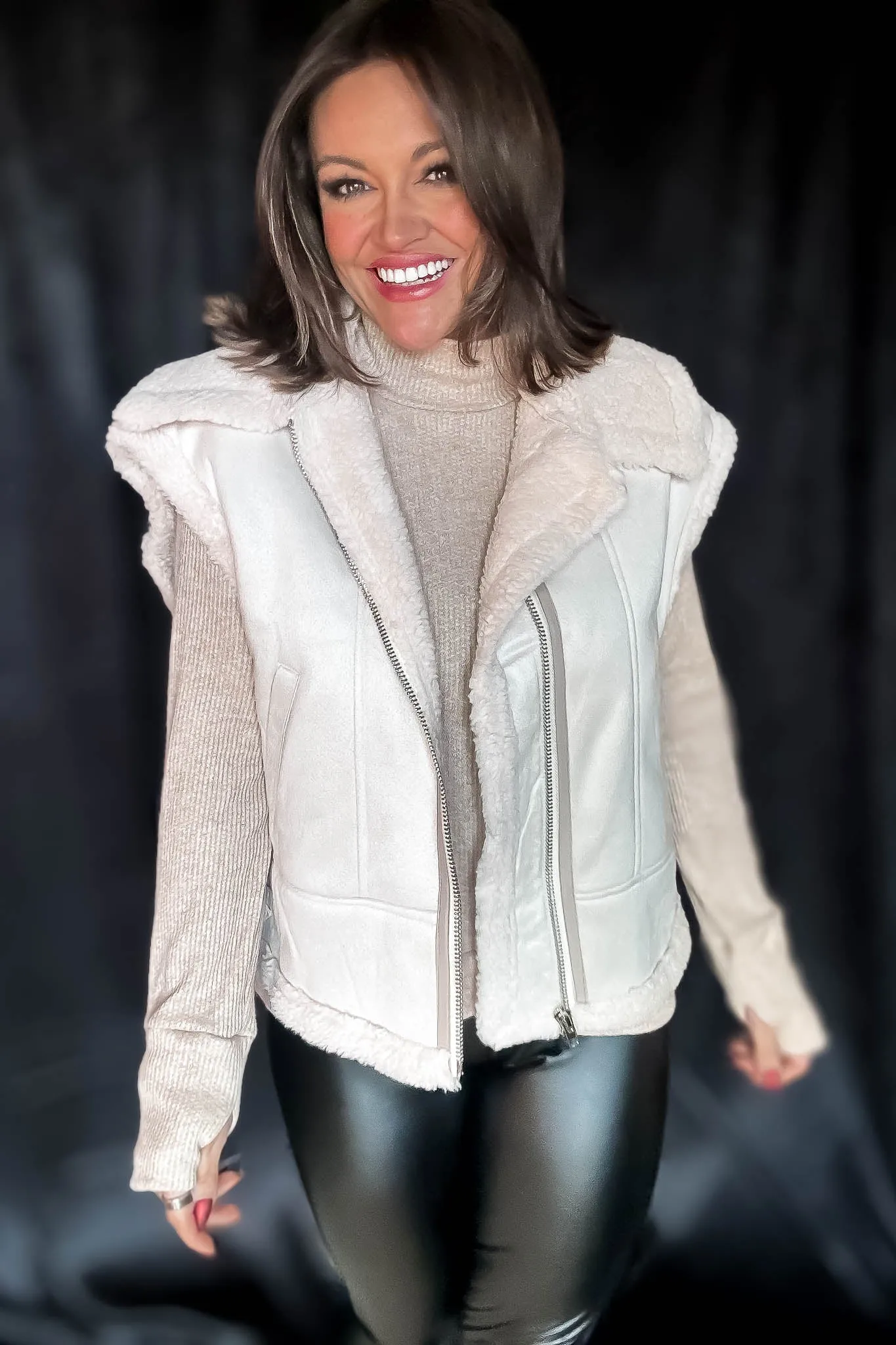 Wrap Up In Warmth Cream Fur-Contrast Zippered Suede Vest