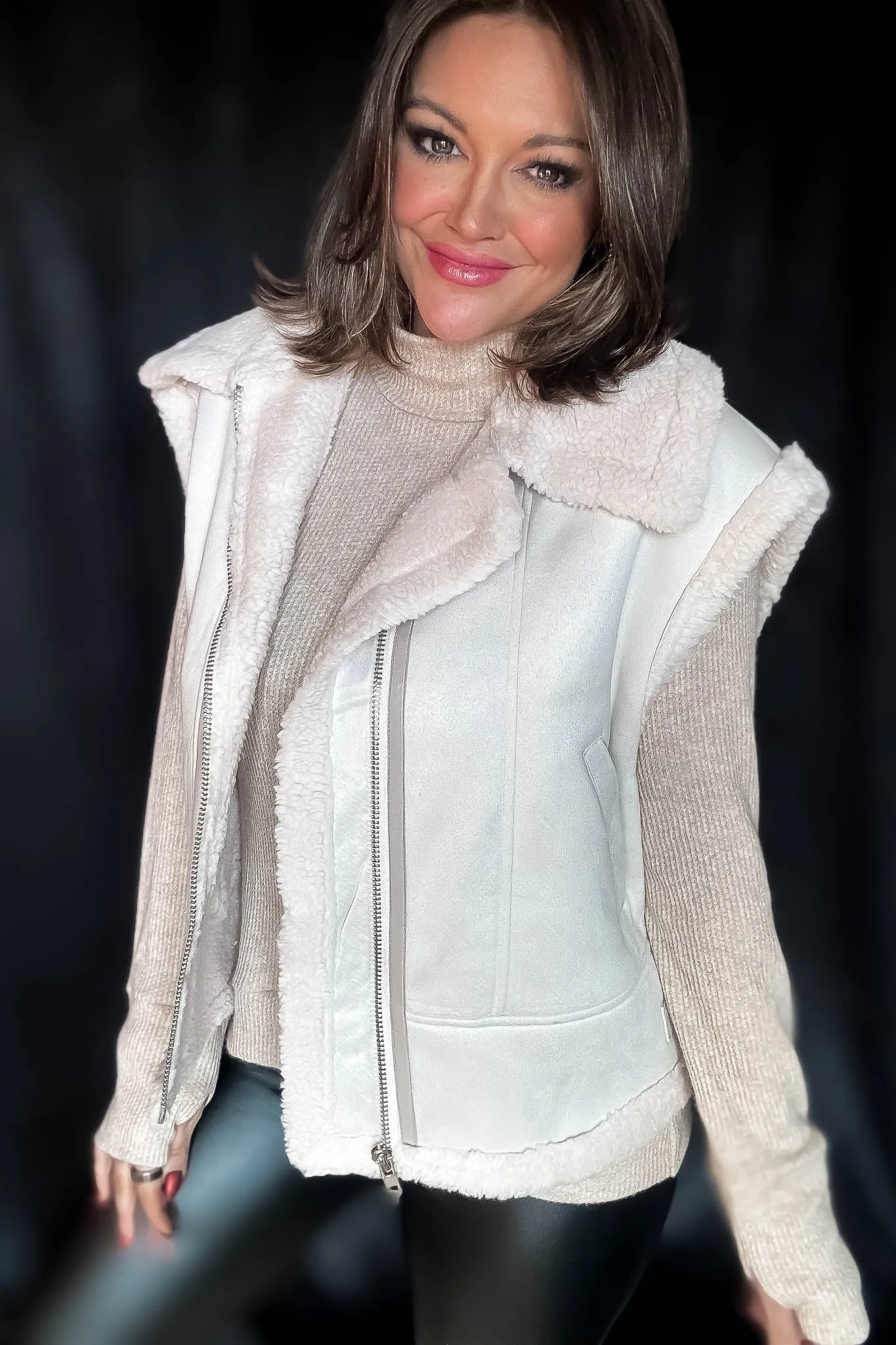 Wrap Up In Warmth Cream Fur-Contrast Zippered Suede Vest