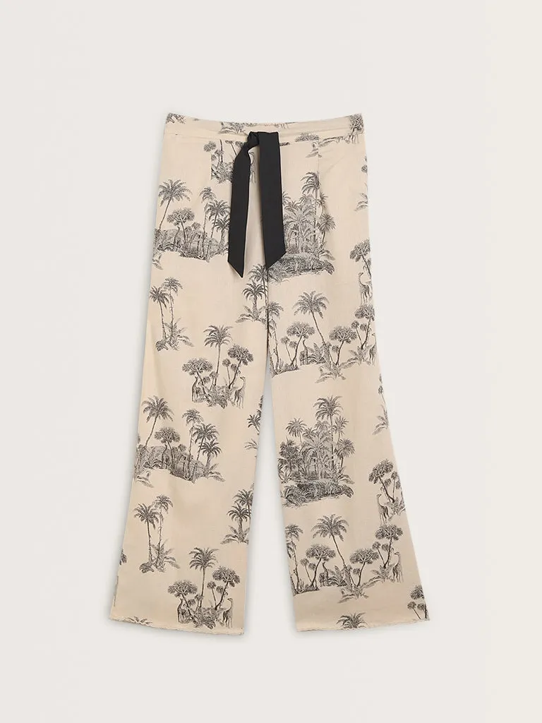 Wunderlove Beige Cotton Shirt with High-Rise Pyjamas Set