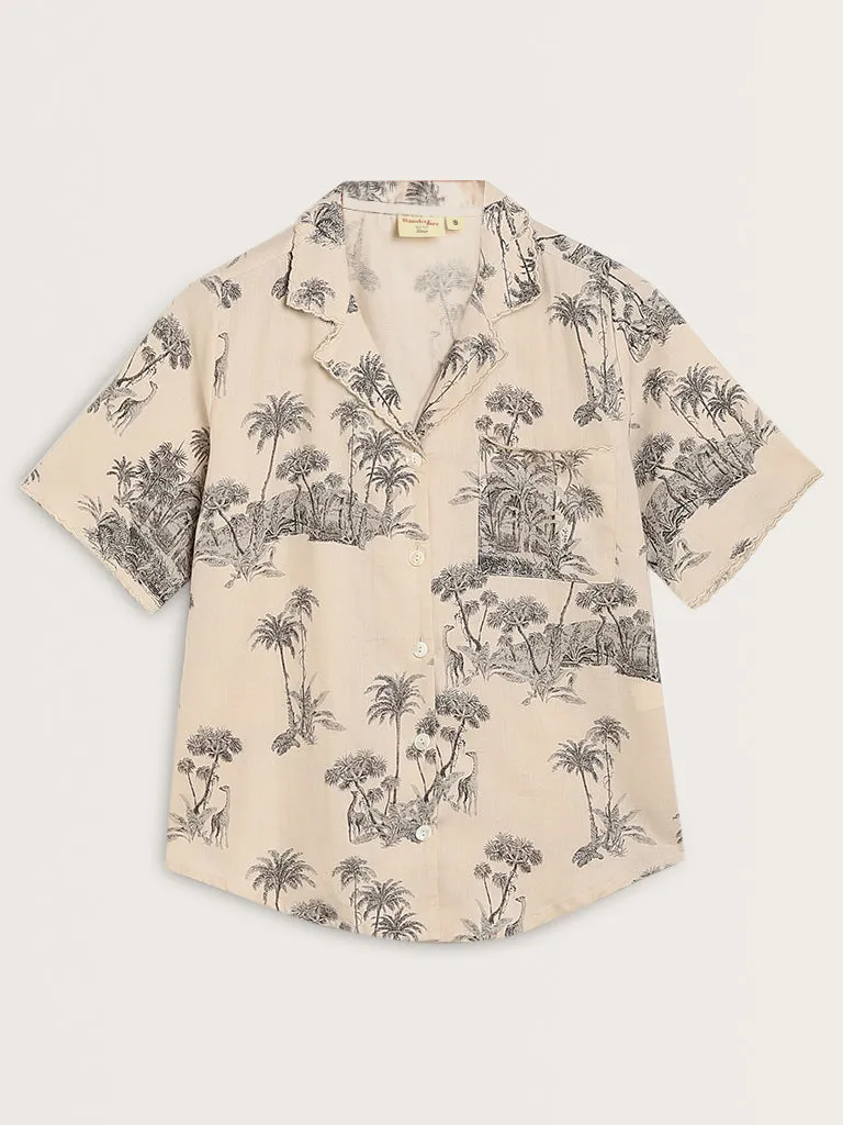 Wunderlove Beige Cotton Shirt with High-Rise Pyjamas Set