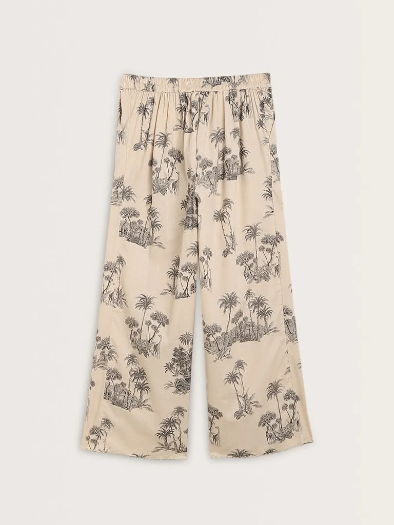 Wunderlove Beige Cotton Shirt with High-Rise Pyjamas Set