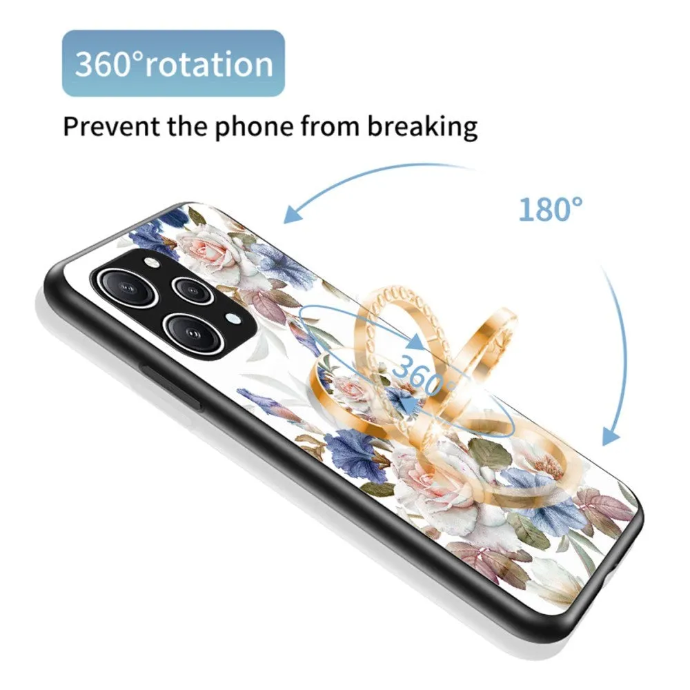 Xiaomi Redmi 12 (4G) Plastik Cover m. Glasbagside & Fingerring - Blomster Print - Blå