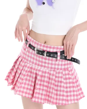 Y2K Plaid Pink Blue High Waist Pleated Mini Skirt Stars Belt