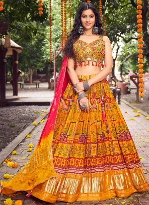 Yellow Multi Mirror Work Embroidery Satin Lehenga Choli