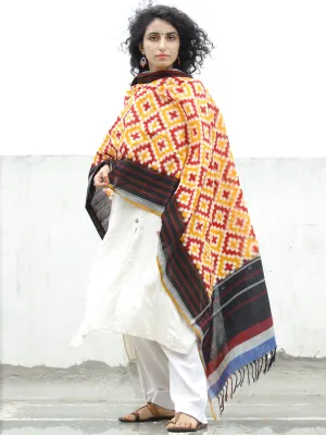 Yellow Red White Telia Rumal Double Ikat Handwoven Pochampally Cotton Dupatta -  D04170310