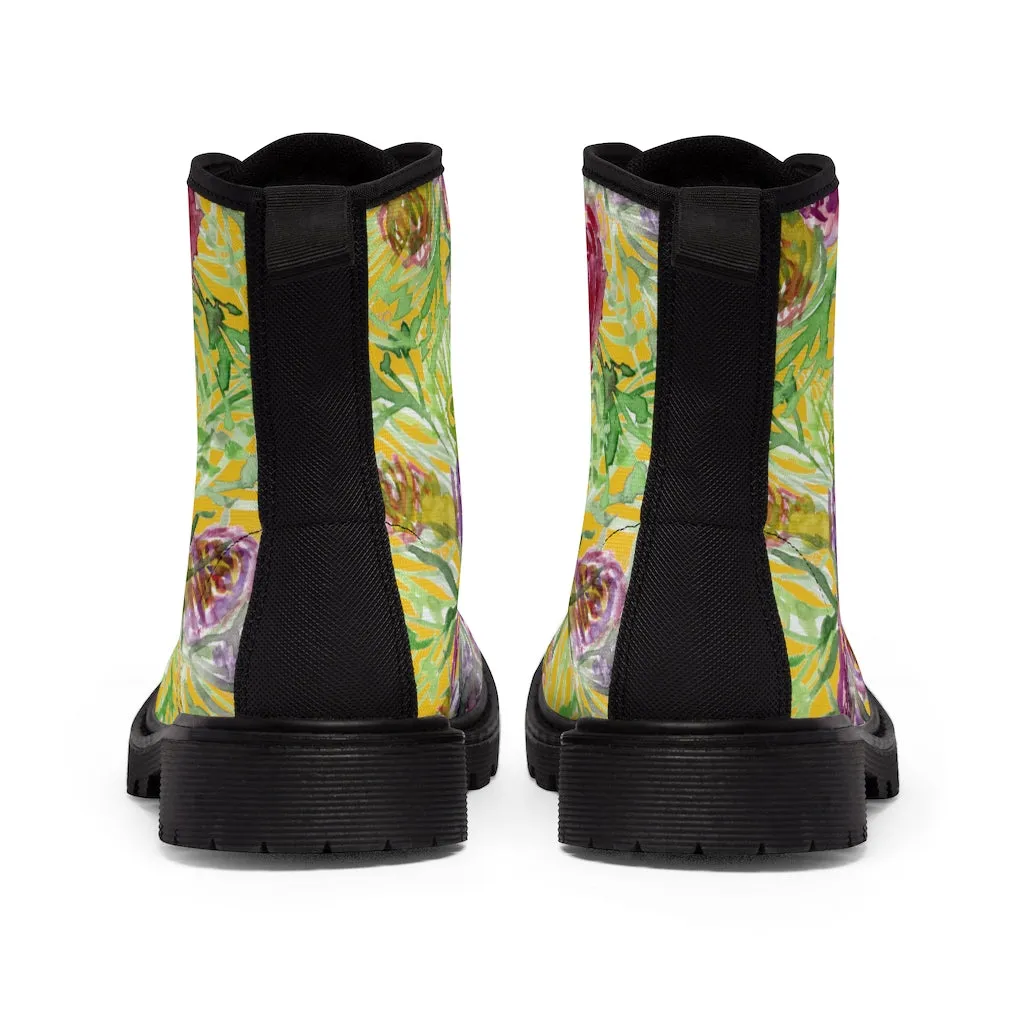 Yellow Rose Floral Women's Boots, Pink Purple Rose Flower Printed Hiking Combat Boots For Ladies