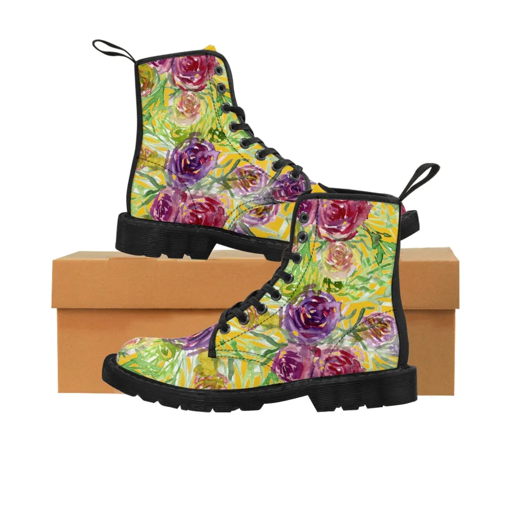 Yellow Rose Floral Women's Boots, Pink Purple Rose Flower Printed Hiking Combat Boots For Ladies